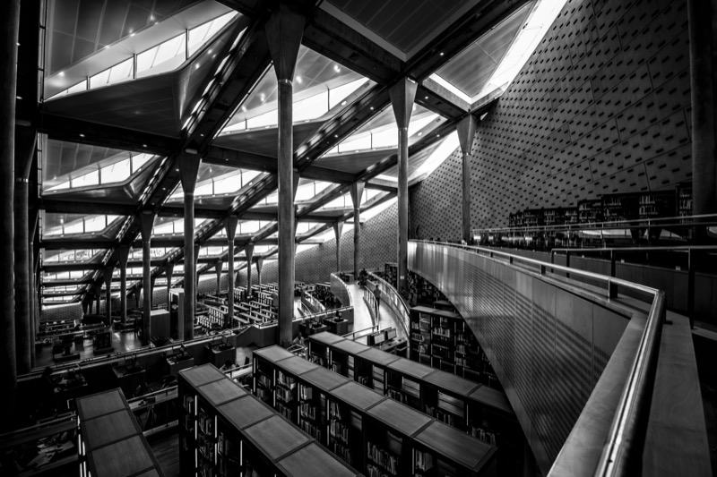 Bibliotheca Alexandrina at night reflected in the seafront promenade of Alexandria